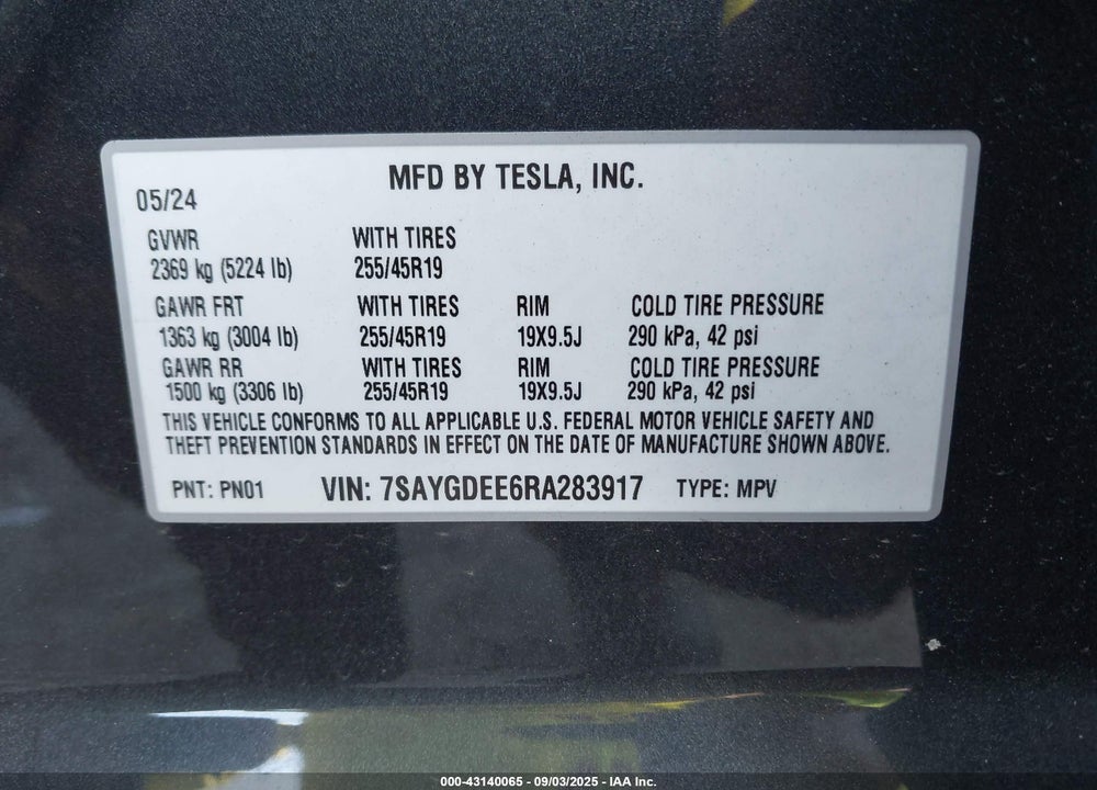 2024 TESLA MODEL Y VIN: 7SAYGDEE6RA283917