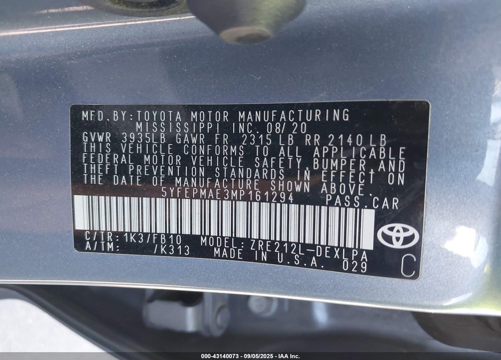 2021 TOYOTA COROLLA LE VIN: 5YFEPMAE3MP161294