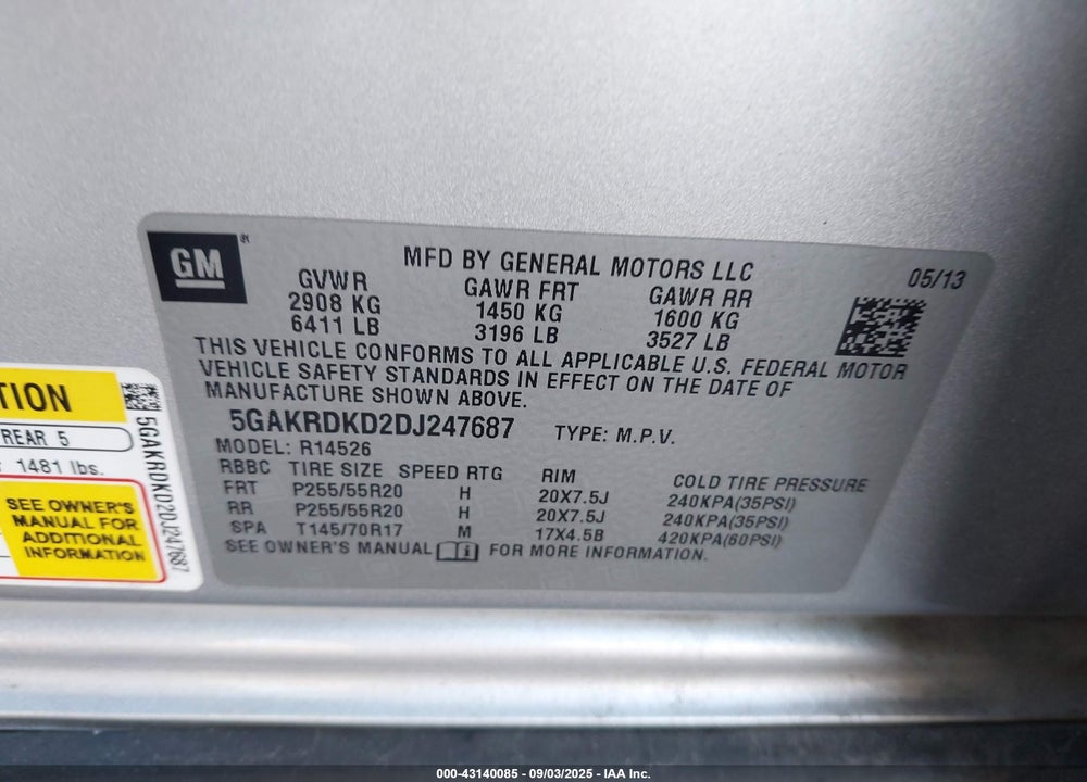 2013 BUICK ENCLAVE VIN: 5GAKRDKD2DJ247687
