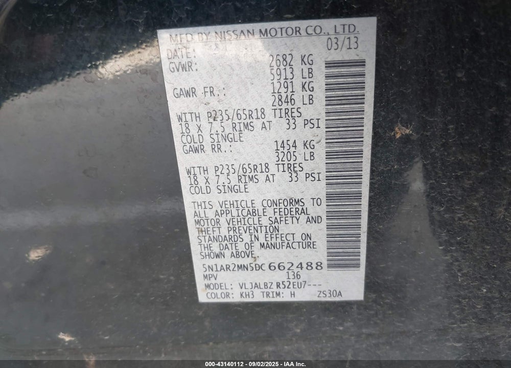 2013 NISSAN PATHFINDER S VIN: 5N1AR2MN5DC662488