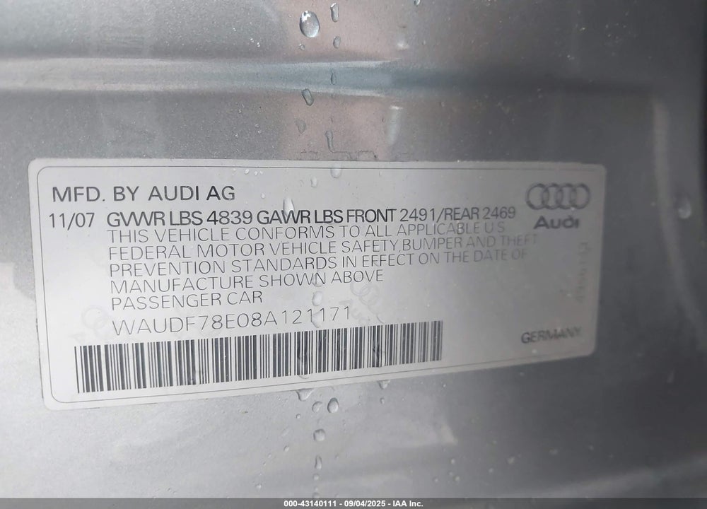 2008 AUDI A4 VIN: WAUDF78E08A121171