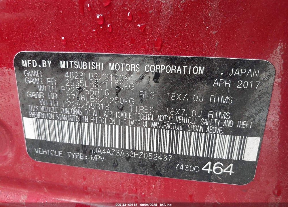 2017 MITSUBISHI OUTLANDER VIN: JA4AZ3A33HZ052437