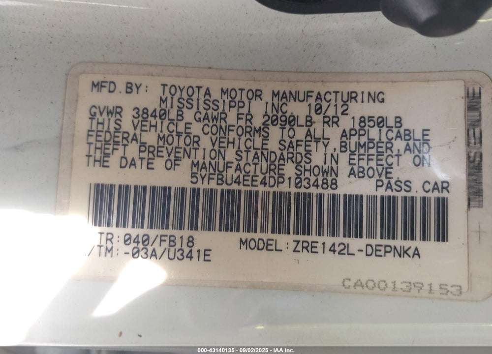 2013 TOYOTA COROLLA VIN: 5YFBU4EE4DP103488