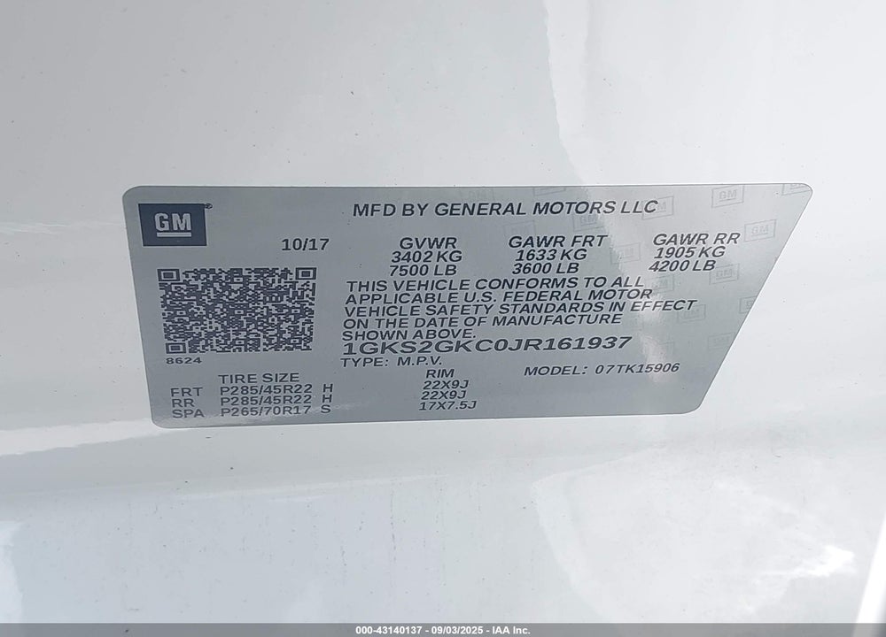 2018 GMC YUKON XL VIN: 1GKS2GKC0JR161937