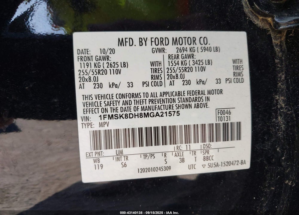 2021 FORD EXPLORER VIN: 1FMSK8DH8MGA21575