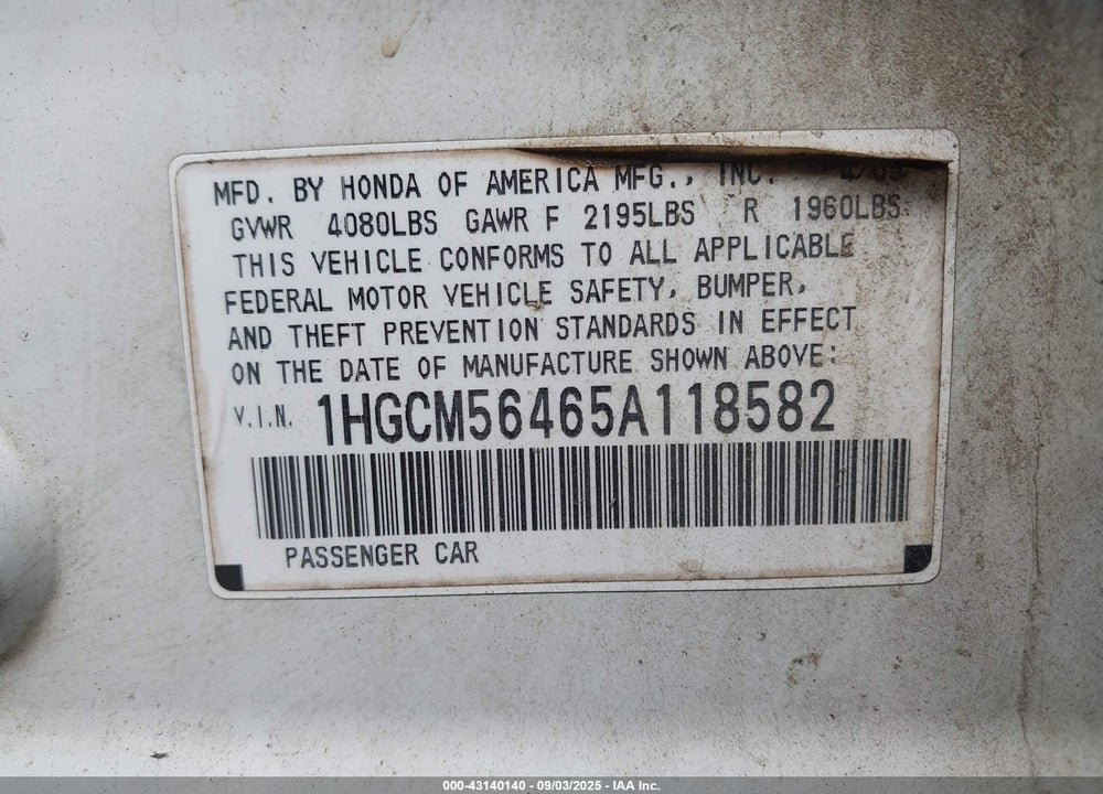2005 HONDA ACCORD 2.4 LX VIN: 1HGCM56465A118582