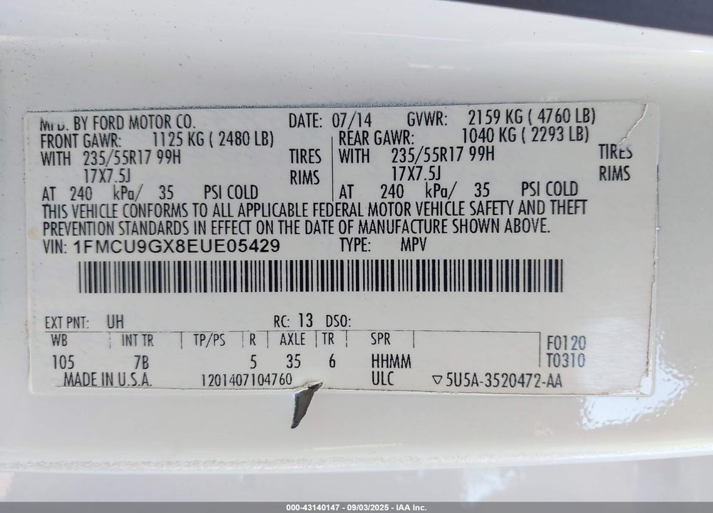 2014 FORD ESCAPE VIN: 1FMCU9GX8EUE05429