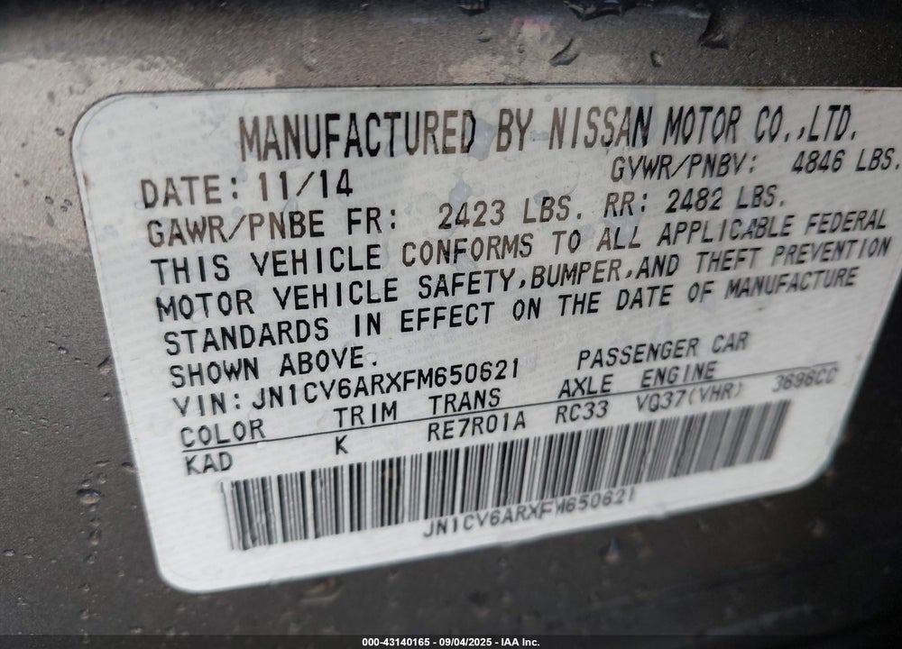 2015 INFINITI Q40 VIN: JN1CV6ARXFM650621