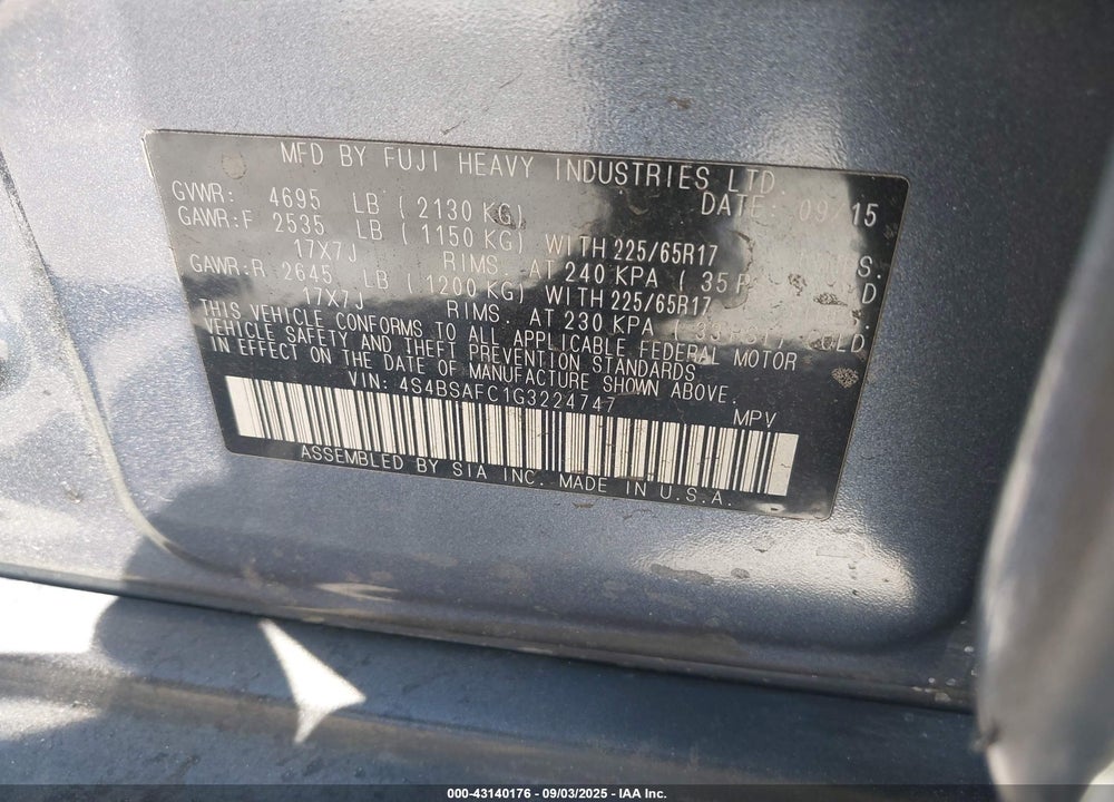 2016 SUBARU OUTBACK VIN: 4S4BSAFC1G3224747