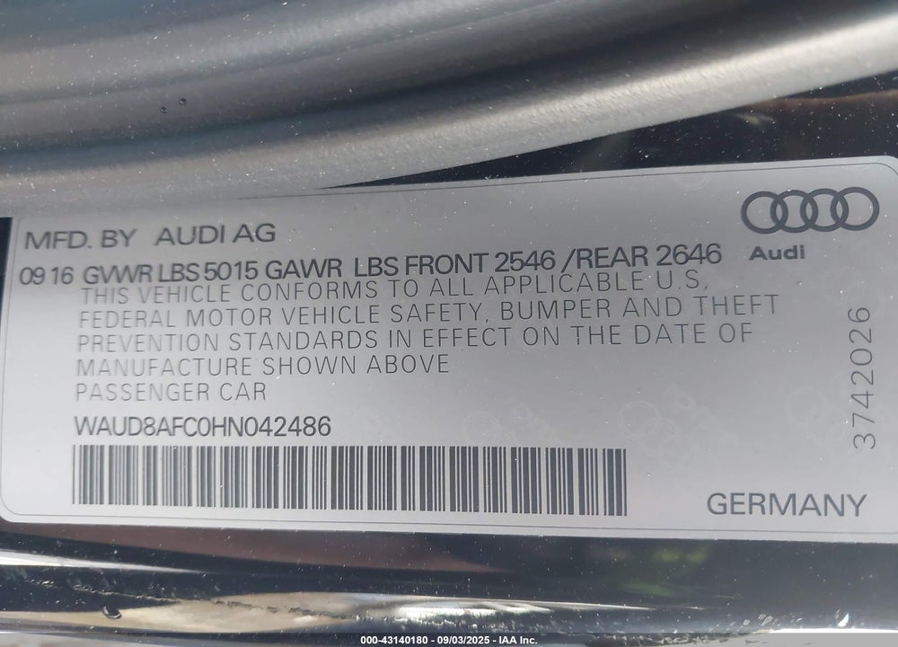 2017 AUDI A6 2.0T PREMIUM VIN: WAUD8AFC0HN042486