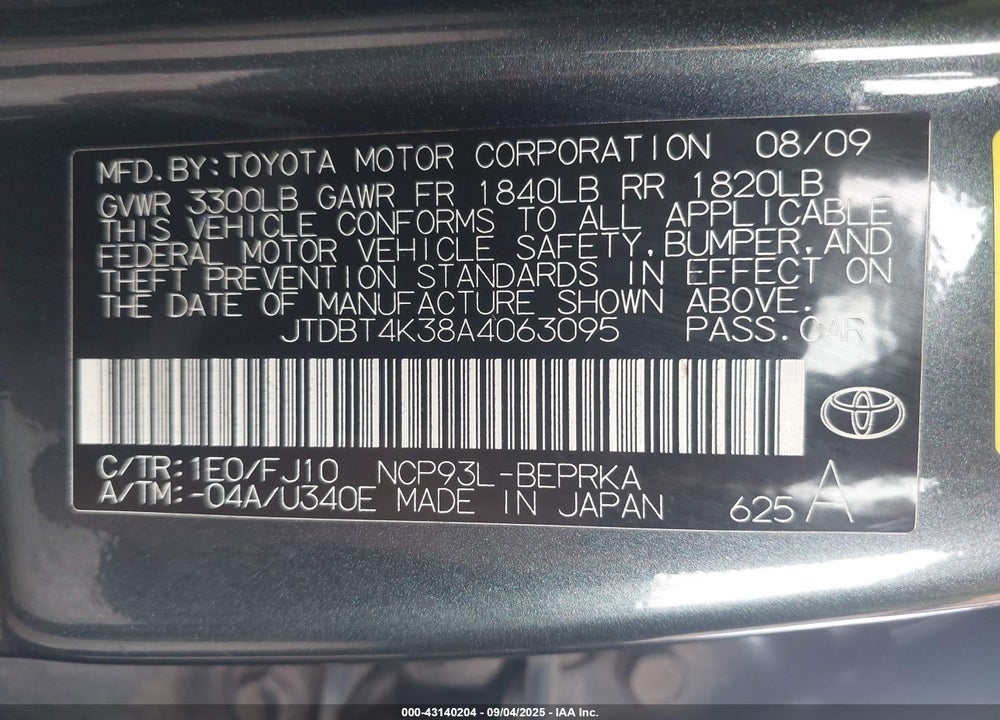 2010 TOYOTA YARIS VIN: JTDBT4K38A4063095