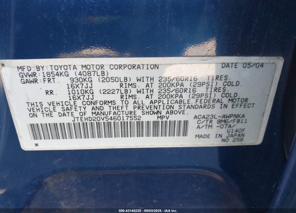 2004 TOYOTA RAV4 VIN: JTEHD20V546017552