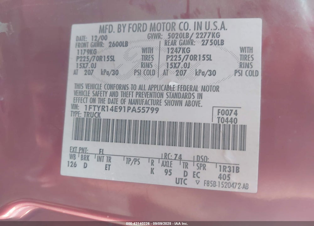 2001 FORD RANGER EDGE/XLT VIN: 1FTYR14E91PA55799