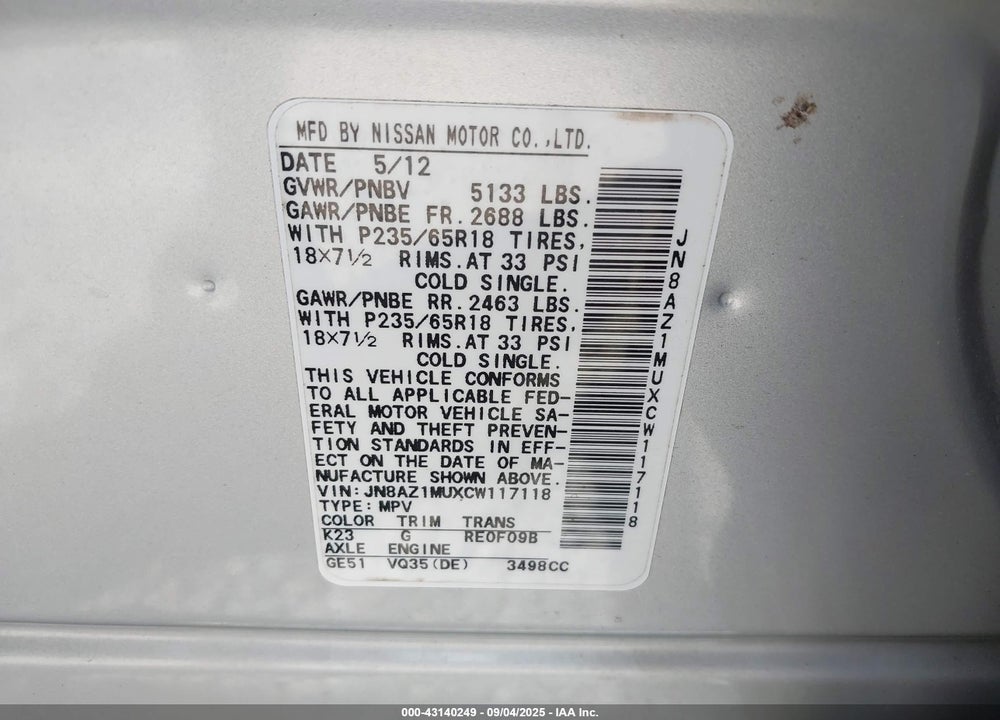 2012 NISSAN MURANO SV VIN: JN8AZ1MUXCW117118