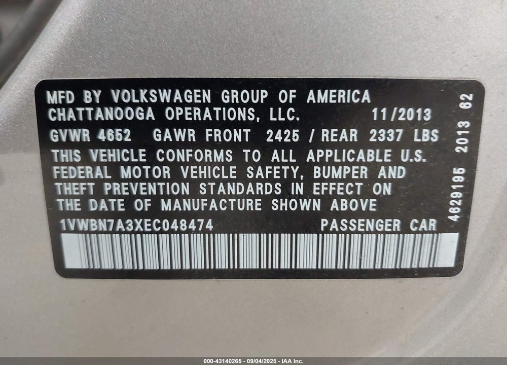 2014 VOLKSWAGEN PASSAT VIN: 1VWBN7A3XEC048474