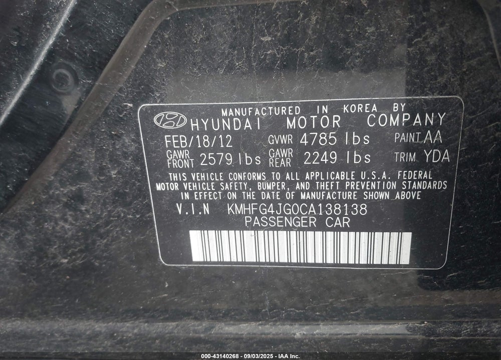 2012 HYUNDAI AZERA VIN: KMHFG4JG0CA138138