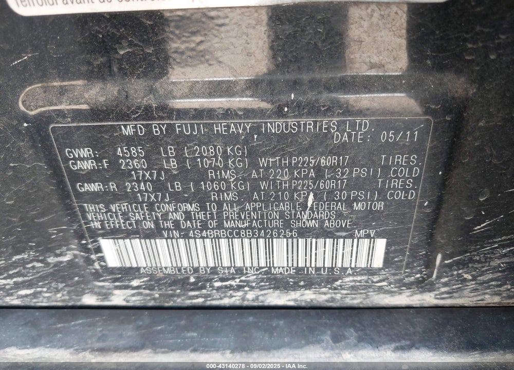 2011 SUBARU OUTBACK 2.5I PREMIUM VIN: 4S4BRBCC8B3426256