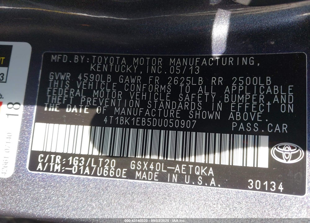 2013 TOYOTA AVALON VIN: 4T1BK1EB5DU050907