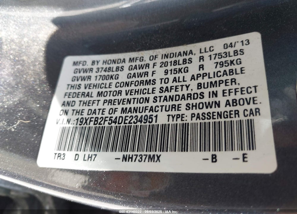 2013 HONDA CIVIC LX VIN: 19XFB2F54DE234951