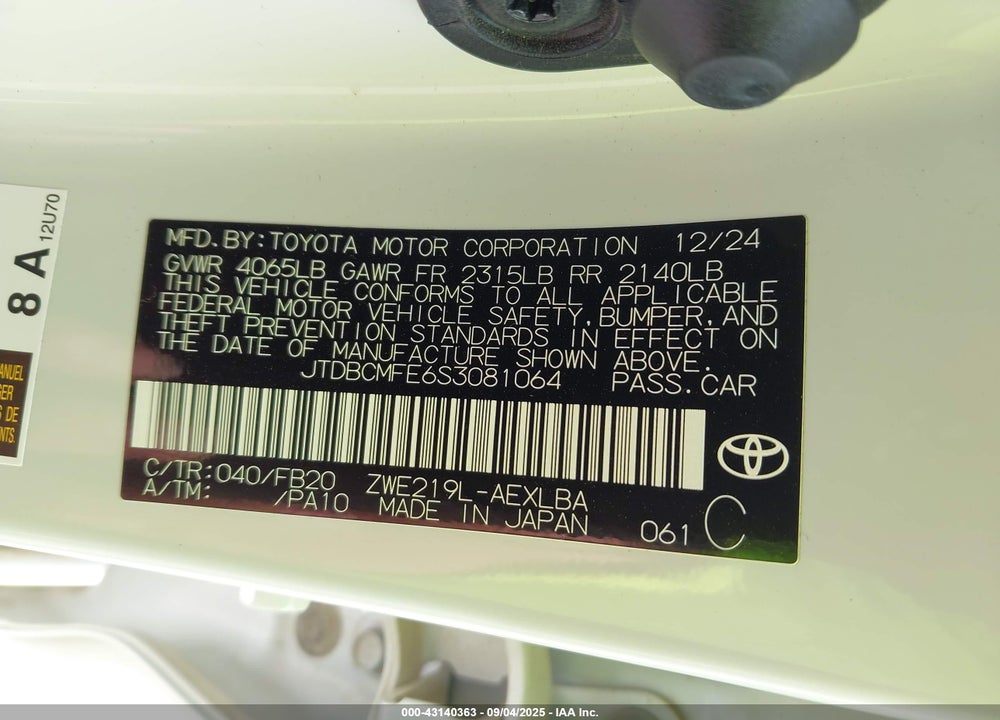 2025 TOYOTA COROLLA VIN: JTDBCMFE6S3081064