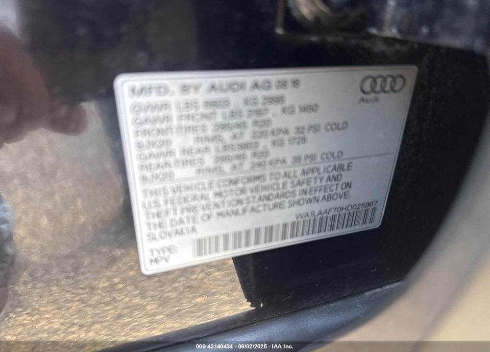 2017 AUDI Q7 VIN: WA1LAAF70HD025967