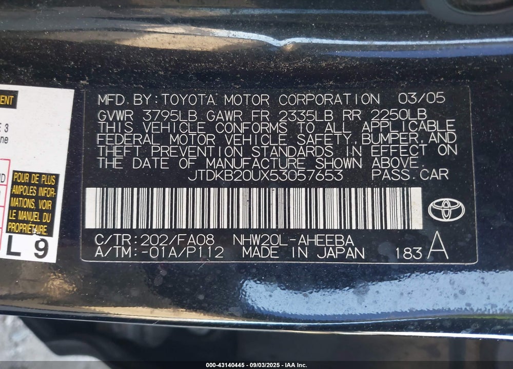 2005 TOYOTA PRIUS VIN: JTDKB20UX53057653