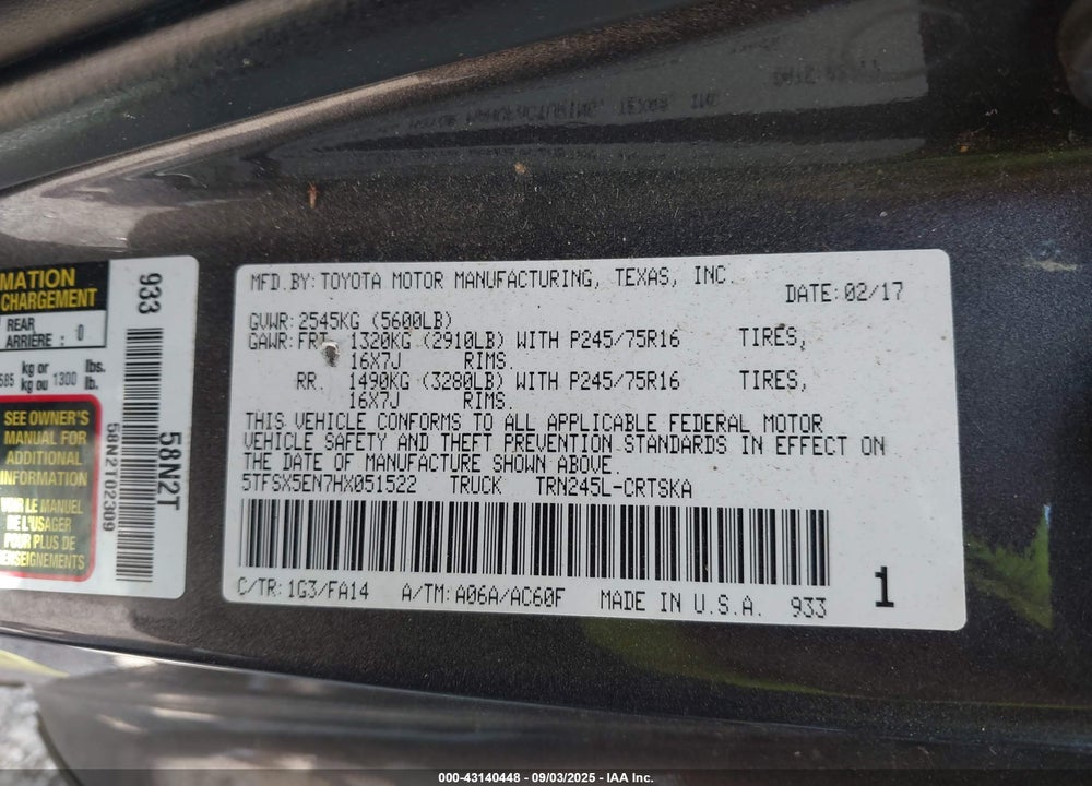 2017 TOYOTA TACOMA VIN: 5TFSX5EN7HX051522