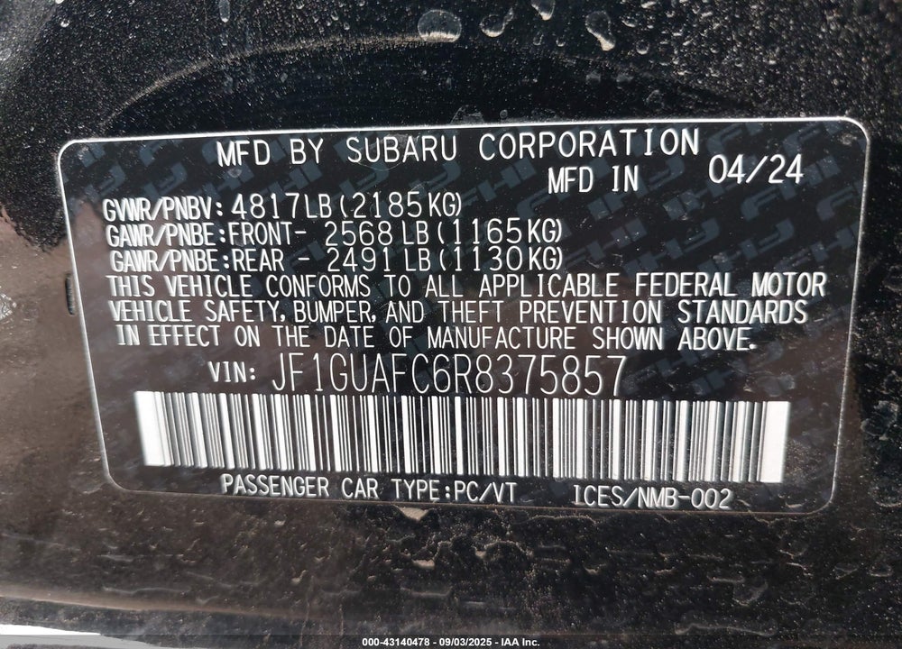 2024 SUBARU IMPREZA VIN: JF1GUAFC6R8375857