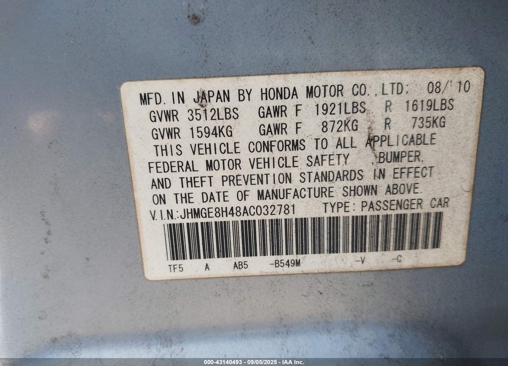 2010 HONDA FIT VIN: JHMGE8H48AC032781