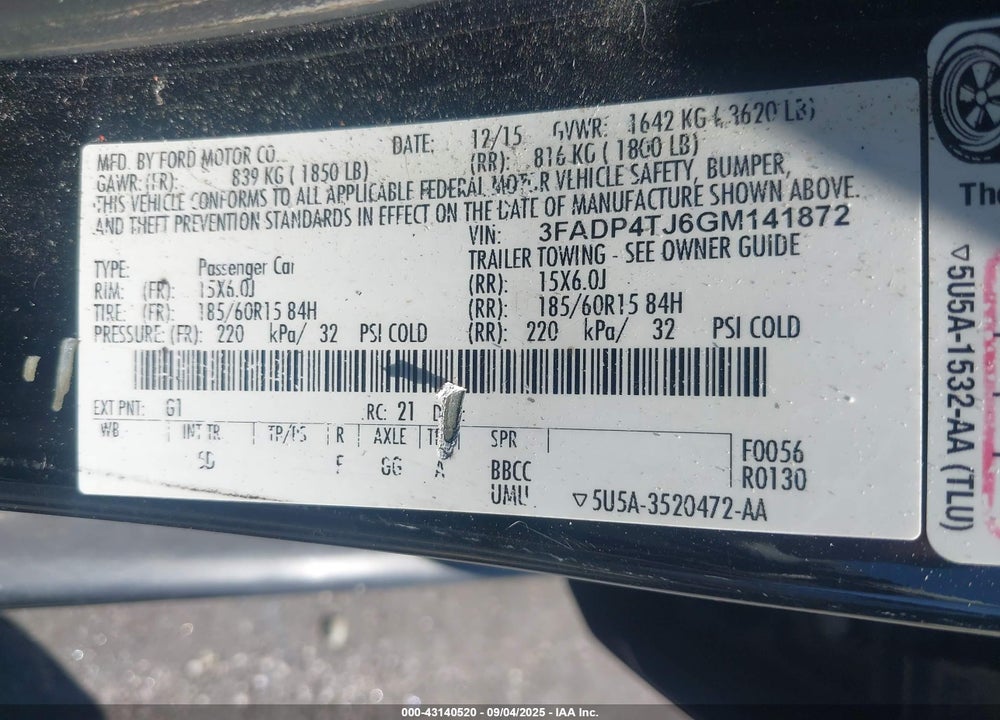 2016 FORD FIESTA VIN: 3FADP4TJ6GM141872