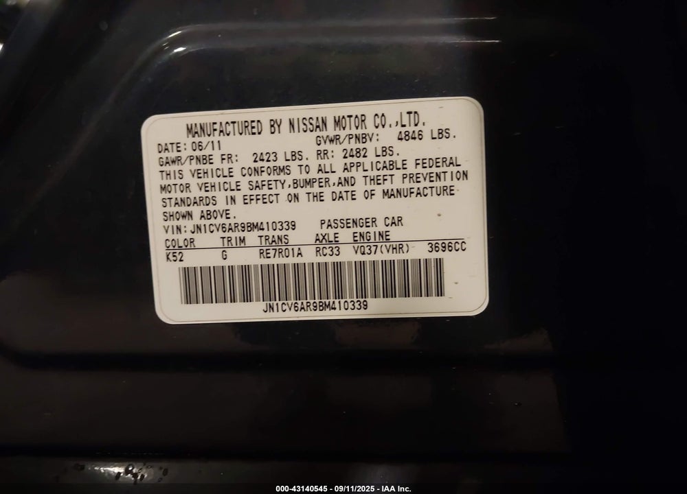 2011 INFINITI G37 VIN: JN1CV6AR9BM410339