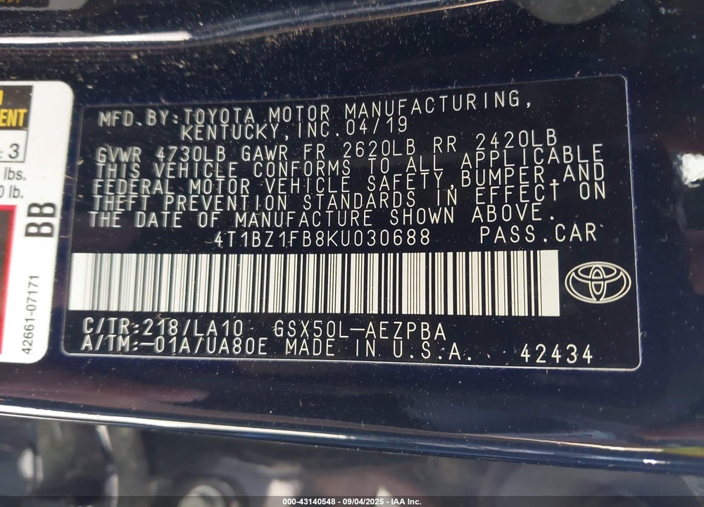 2019 TOYOTA AVALON VIN: 4T1BZ1FB8KU030688