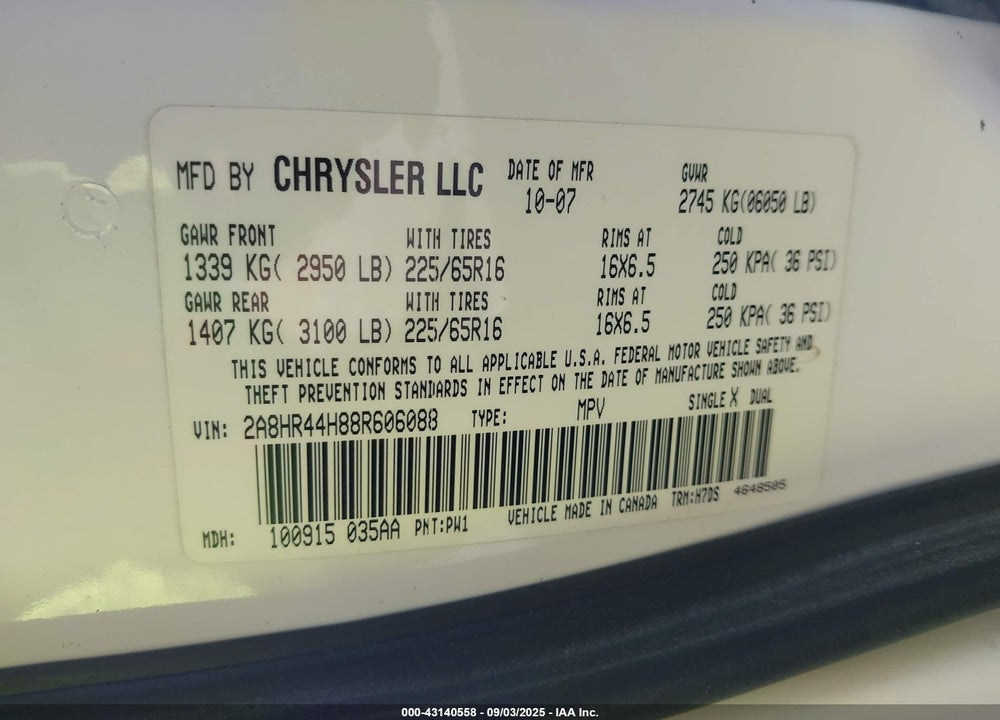 2008 CHRYSLER TOWN & COUNTRY VIN: 2A8HR44H88R606088