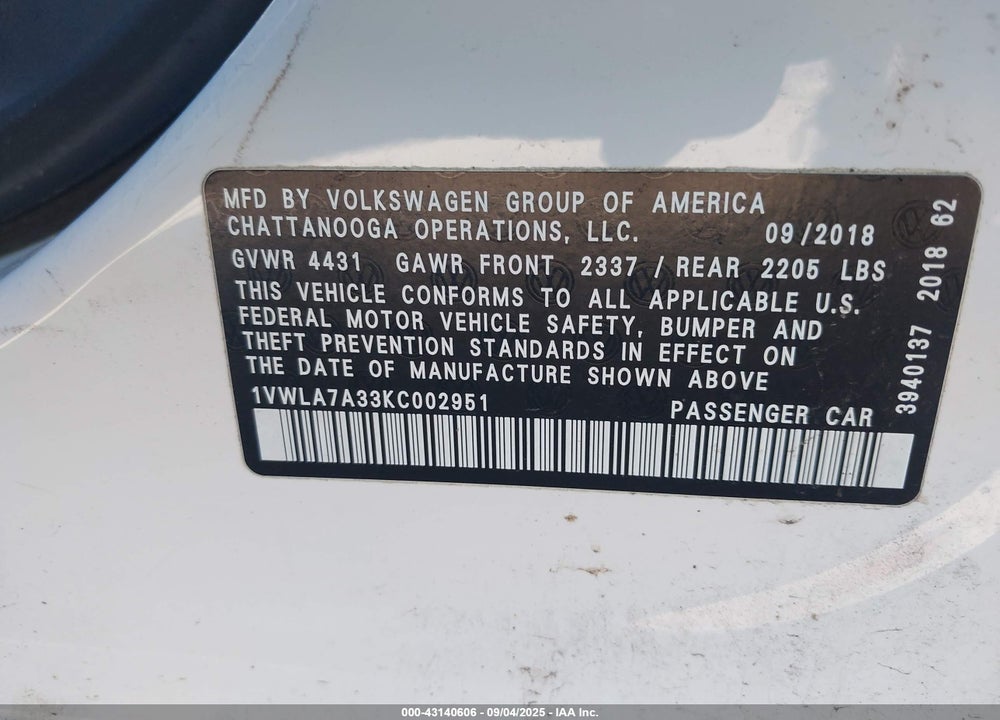 2019 VOLKSWAGEN PASSAT VIN: 1VWLA7A33KC002951