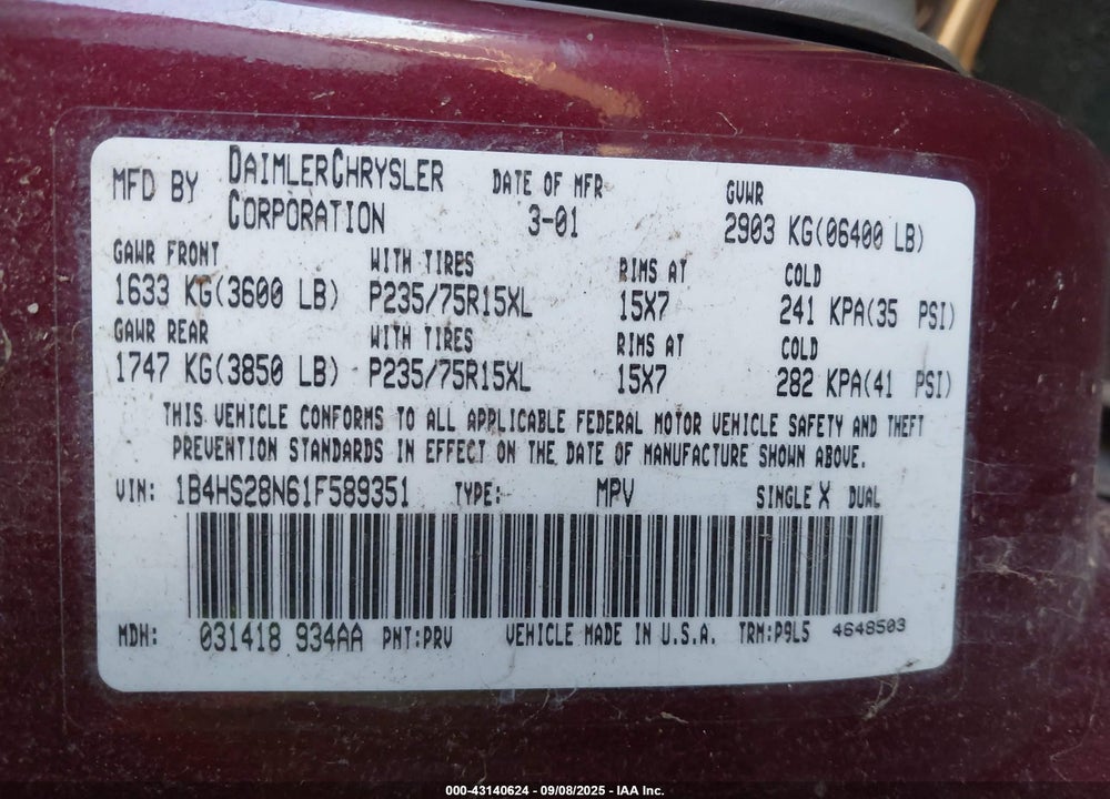 2001 DODGE DURANGO VIN: 1B4HS28N61F589351