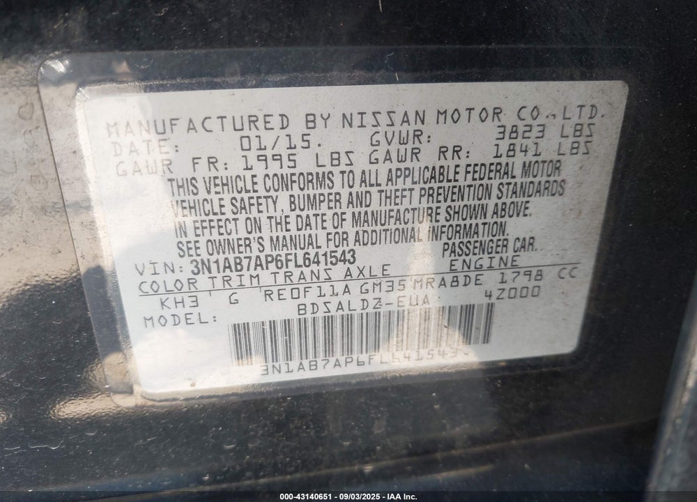 2015 NISSAN SENTRA VIN: 3N1AB7AP6FL641543