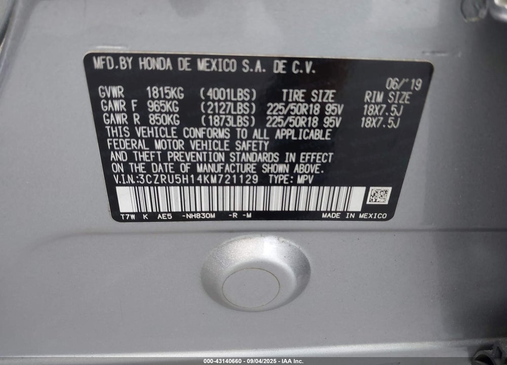 2019 HONDA HR-V VIN: 3CZRU5H14KM721129