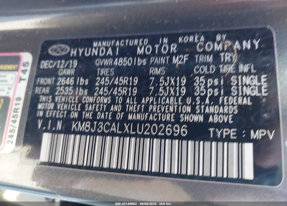 2020 HYUNDAI TUCSON VIN: KM8J3CALXLU202696
