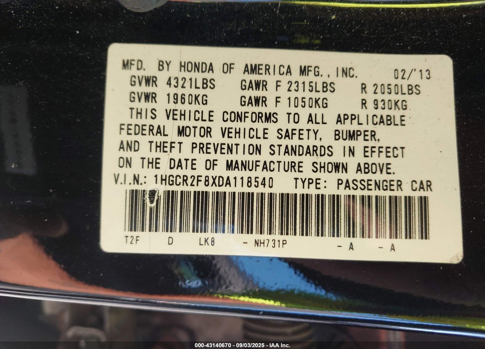 2013 HONDA ACCORD VIN: 1HGCR2F8XDA118540