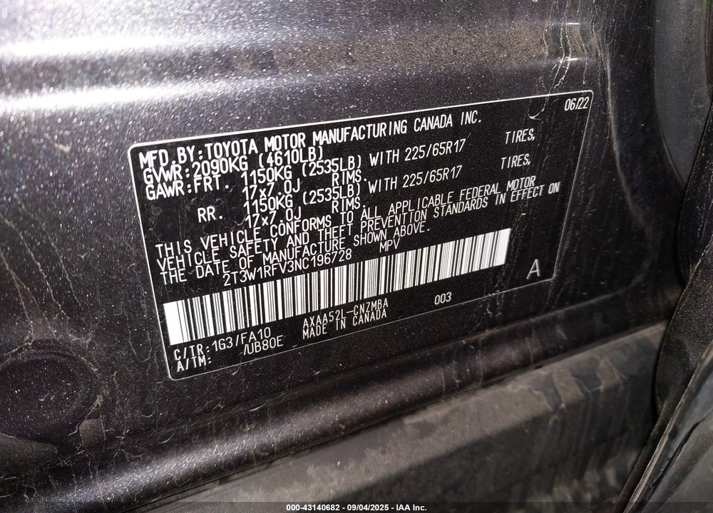 2022 TOYOTA RAV4 VIN: 2T3W1RFV3NC196728