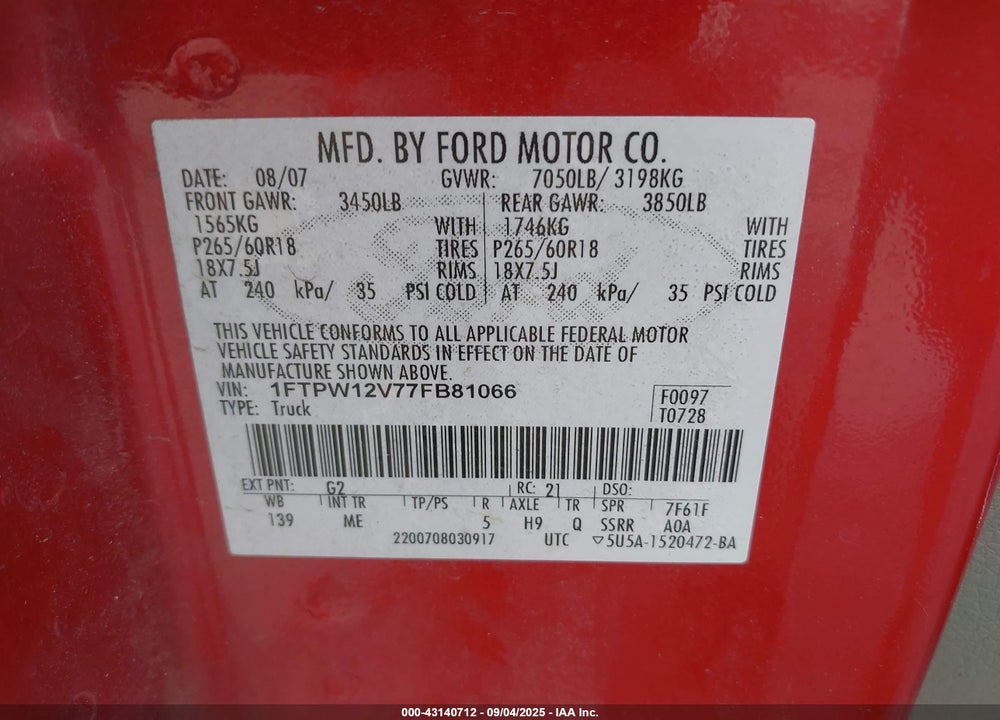 2007 FORD F-150 LARIAT/XLT VIN: 1FTPW12V77FB81066