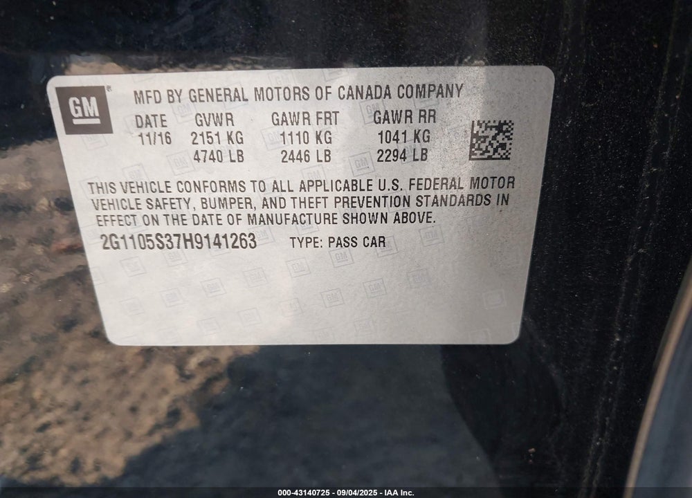 2017 CHEVROLET IMPALA 1LT VIN: 2G1105S37H9141263