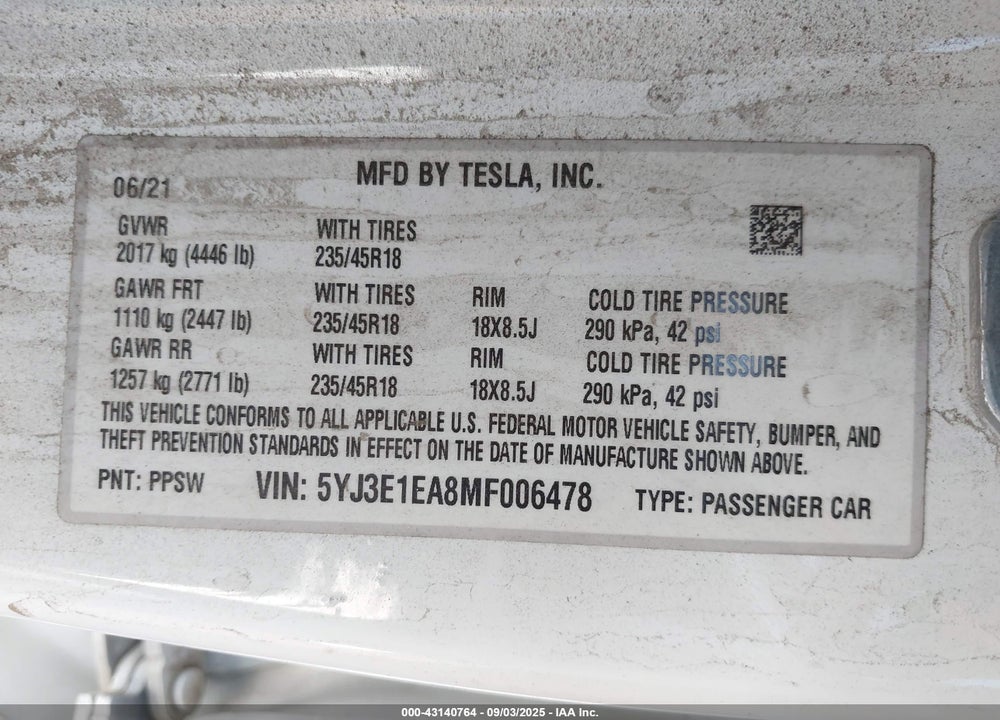 2021 TESLA MODEL 3 VIN: 5YJ3E1EA8MF006478
