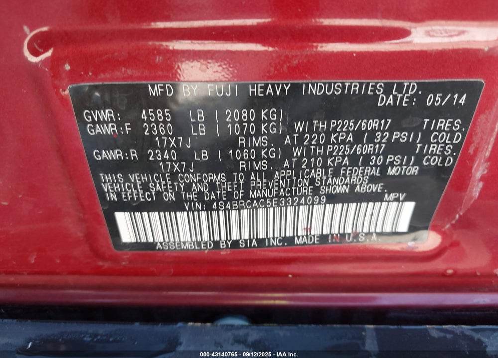 2014 SUBARU OUTBACK VIN: 4S4BRCAC5E3324099