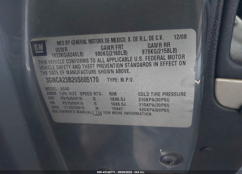 2009 CHEVROLET HHR LT VIN: 3GNCA23B29S605170