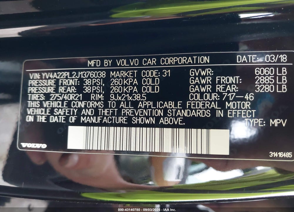 2018 VOLVO XC90 VIN: YV4A22PL2J1376038