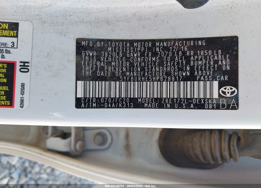 2017 TOYOTA COROLLA VIN: 5YFBURHE5HP628817
