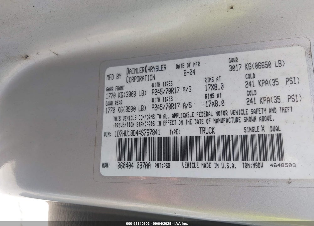 2004 DODGE RAM 1500 SLT/LARAMIE VIN: 1D7HU18D44S767841