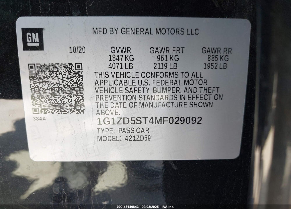 2021 CHEVROLET MALIBU VIN: 1G1ZD5ST4MF029092