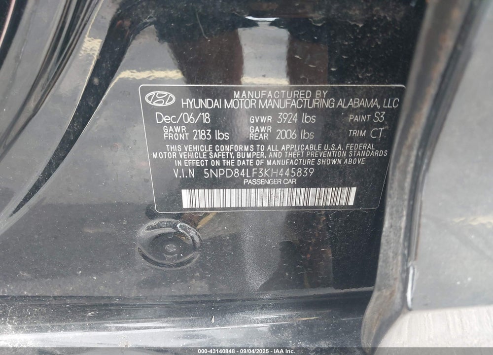 2019 HYUNDAI ELANTRA VALUE EDITION VIN: 5NPD84LF3KH445839